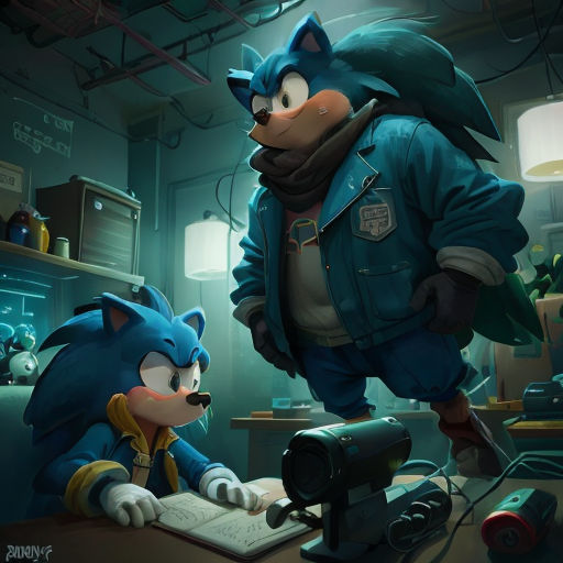 a cartoon character is looking at a computer screen while a sonic character is looking at it in a dark room