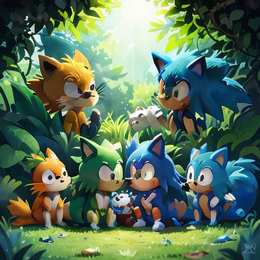 a group of cartoon animals in a forest with sunlight shining through the trees and grass on the ground,
