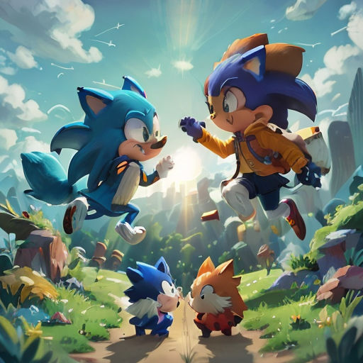 a couple of sonic and tails running through a forest with a sky background and clouds above them, with a sun shining through the clouds