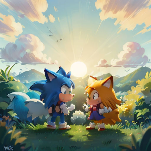 two sonic and tails are standing in the grass near a mountain and a sunbeam in the sky above them