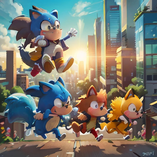 a group of sonic and tails running through a city street with buildings in the background and a sky background