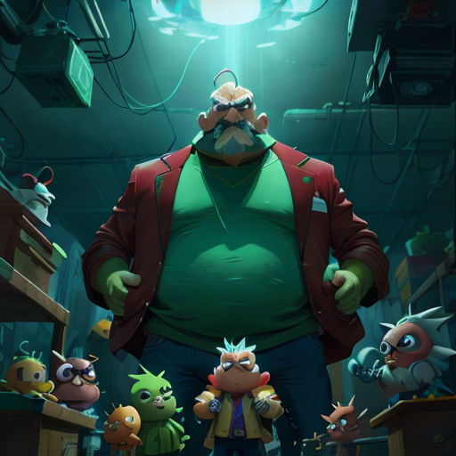 a man standing in a room with many small cartoon characters around him and a green light above him,
