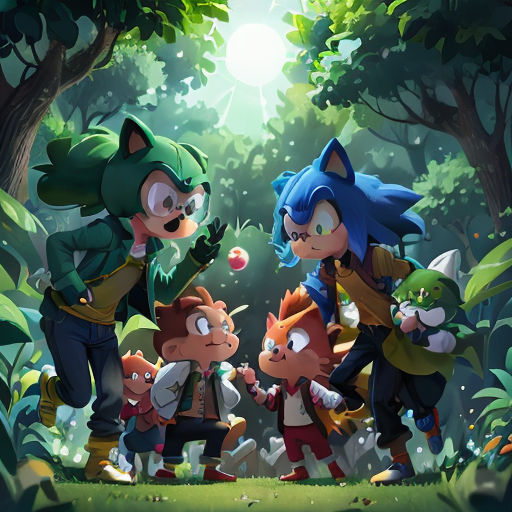 a group of cartoon characters standing in the woods together, with a light shining on them and a forest background