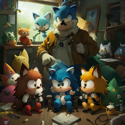 a group of cartoon characters sitting around a table with a cat on it's lap and a mouse on the floor