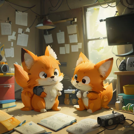 a couple of stuffed animals sitting on top of a desk next to a tv monitor and a book on a table