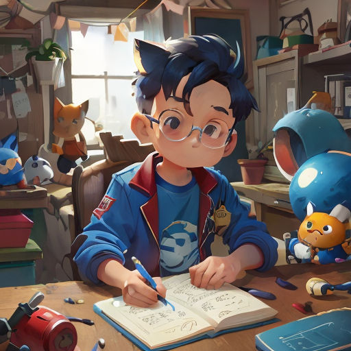 a boy is sitting at a desk writing in a book with a stuffed animal behind him and a toy cat behind him