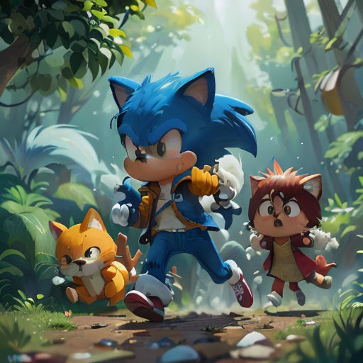 a group of cartoon characters walking through a forest with a cat and a fox on the ground in front of them