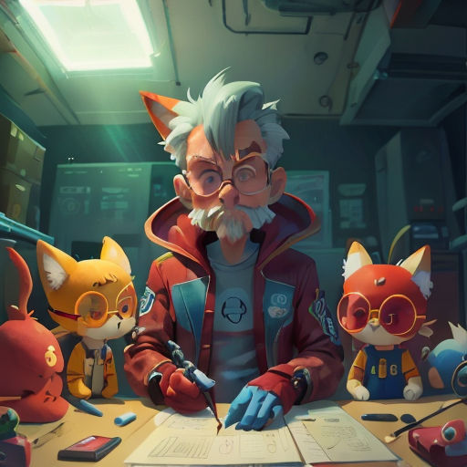 a man sitting at a table with a bunch of stuffed animals around him and writing on a piece of paper