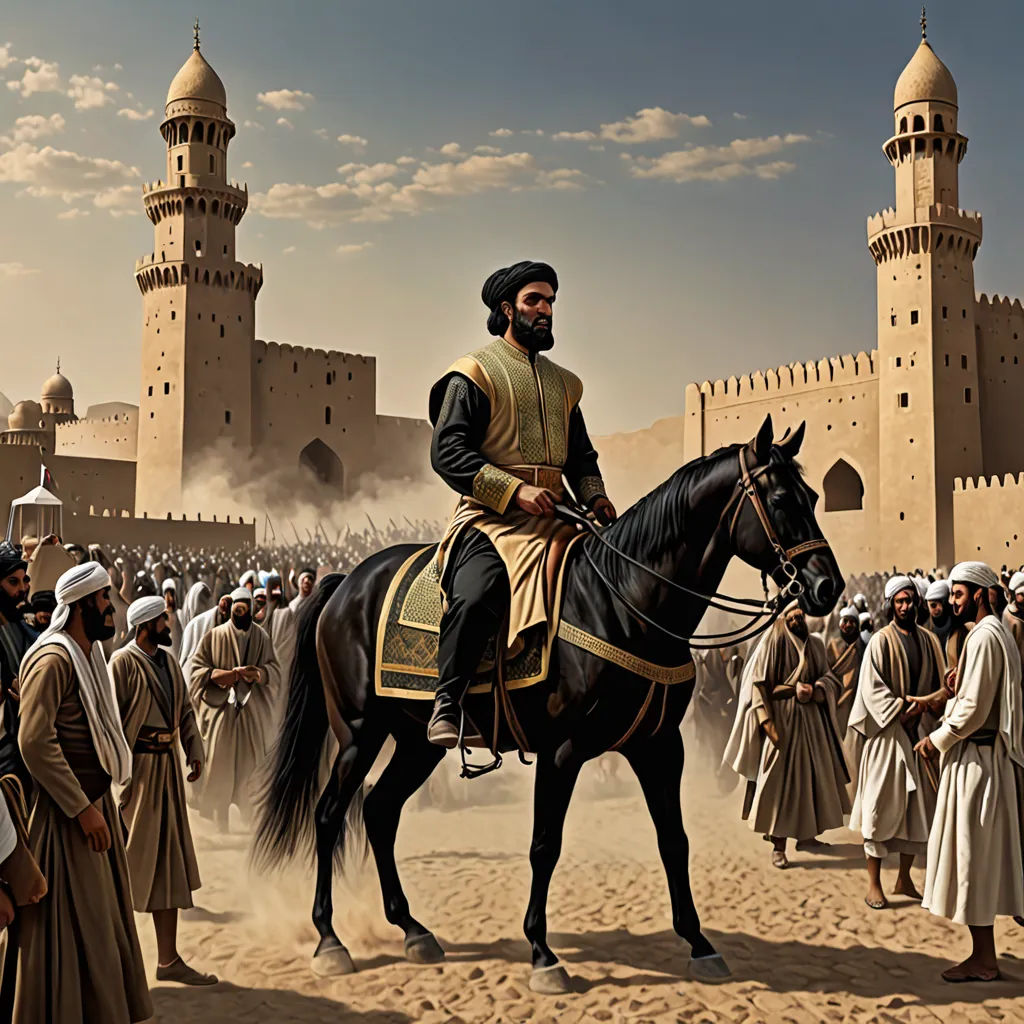 a painting of a man riding a horse in front of a crowd of people in a desert setting with a castle in the background, dau-al-set, a detailed matte painting, Altoon Sultan, art noveau