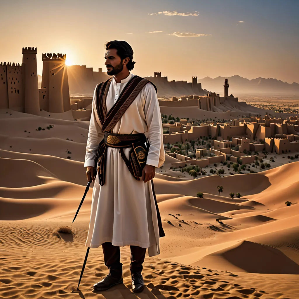 a man in a desert with a sword and a desert city in the background with sand dunes and a castle, dau-al-set, a detailed matte painting, Amir Zand, orientalism