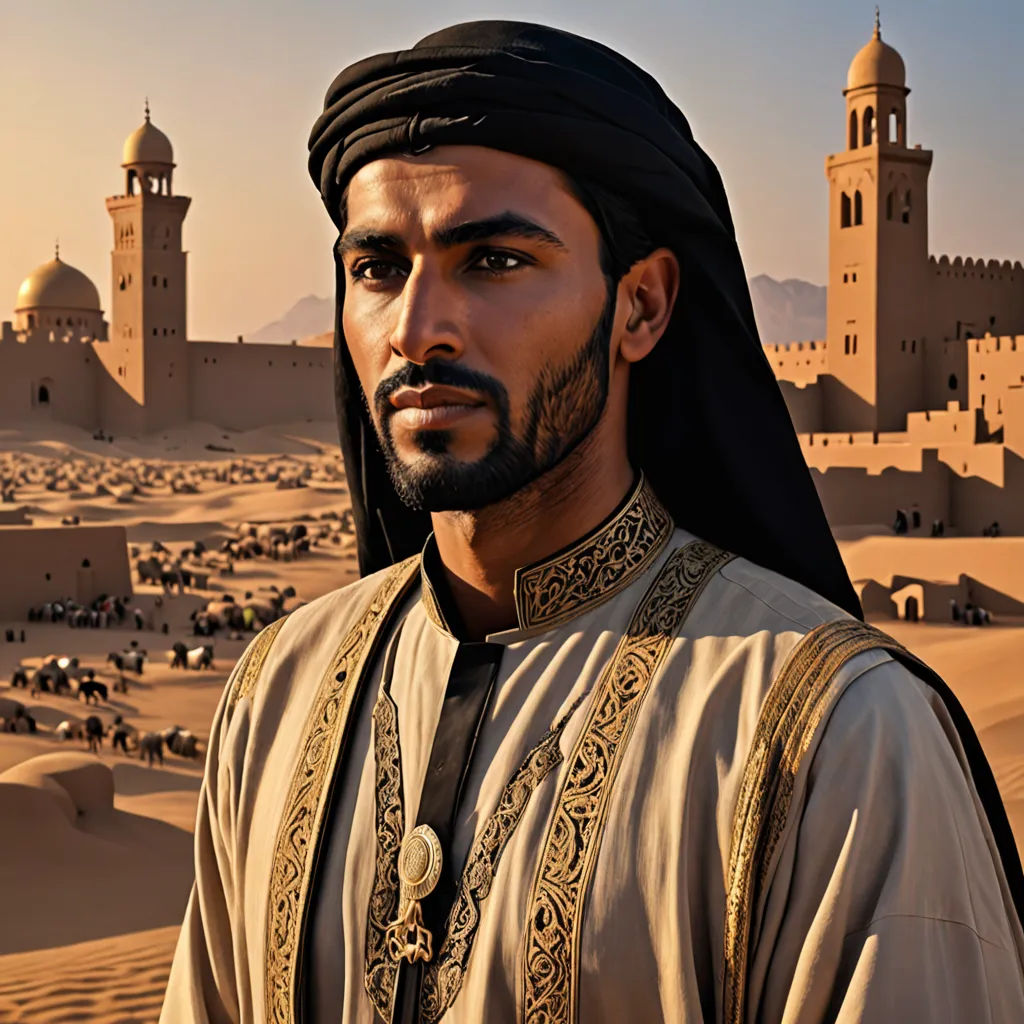 a man in a desert with a desert city in the background and a desert town in the foreground, hurufiyya, a photorealistic painting, Altoon Sultan, cinematic photography
