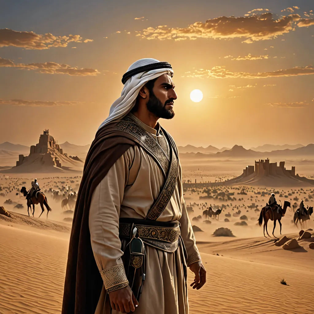 a man in a desert with a camel and a castle in the background with a sunset in the sky, dau-al-set, a detailed matte painting, Altoon Sultan, promotional image