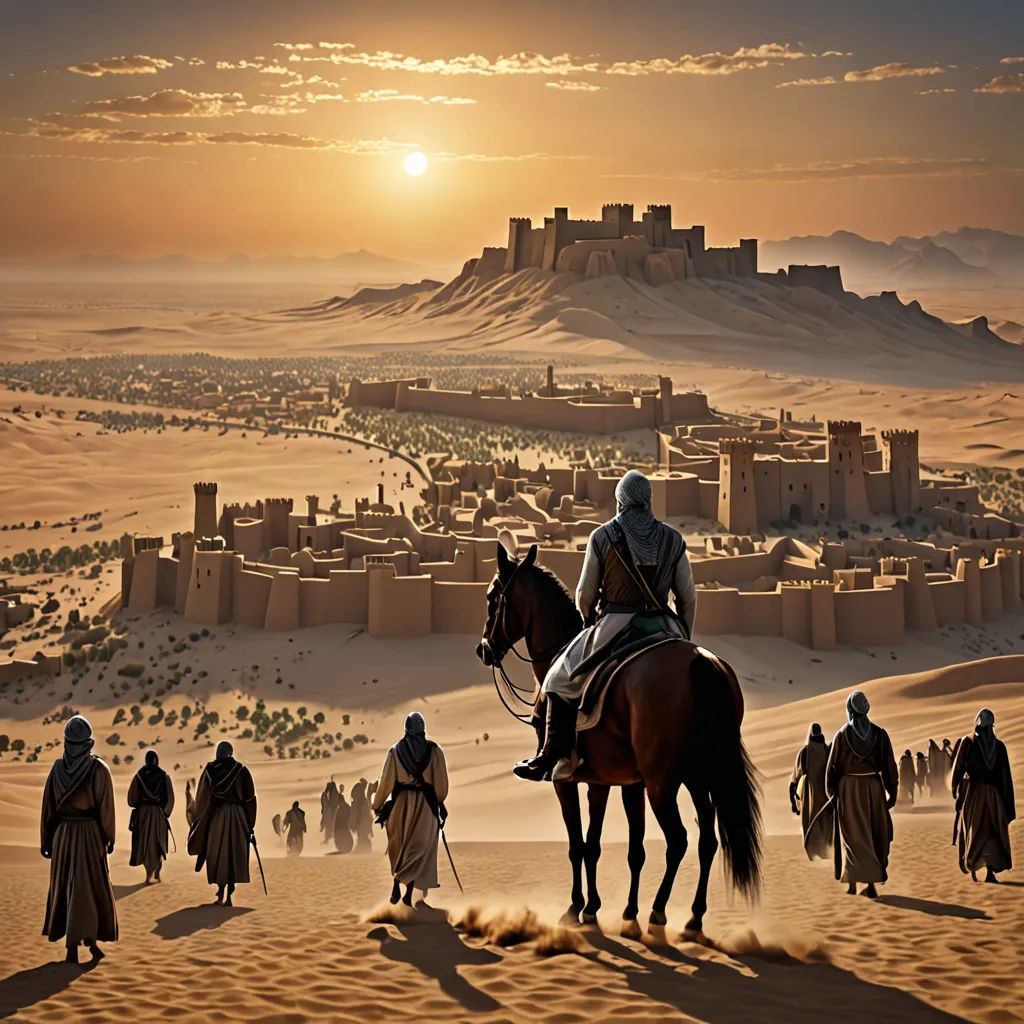 a painting of a man riding a horse in the desert with a group of people walking behind him and a castle in the distance, dau-al-set, a detailed matte painting, Farid Mansour, cinematic matte painting