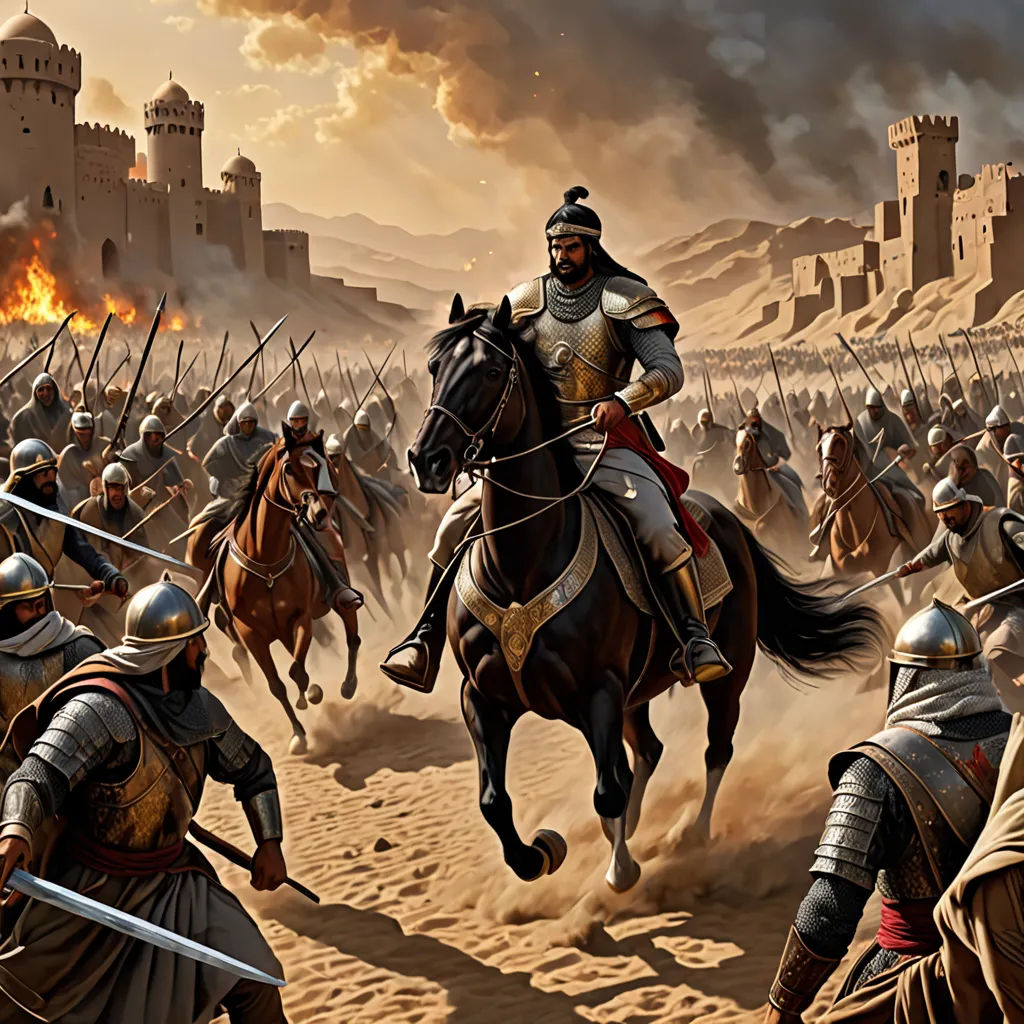 a painting of a battle with a man on a horse and a group of men on horseback in front of a castle, fantasy art, a detailed matte painting, Farid Mansour, medieval