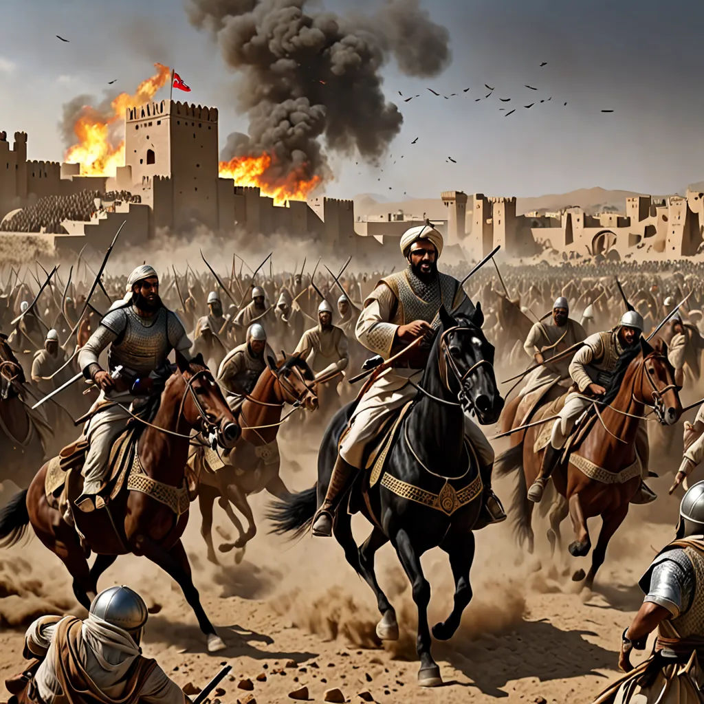 a painting of a battle with a group of men on horses and men on horseback in front of a castle, analytical art, a detailed matte painting, Altoon Sultan, war