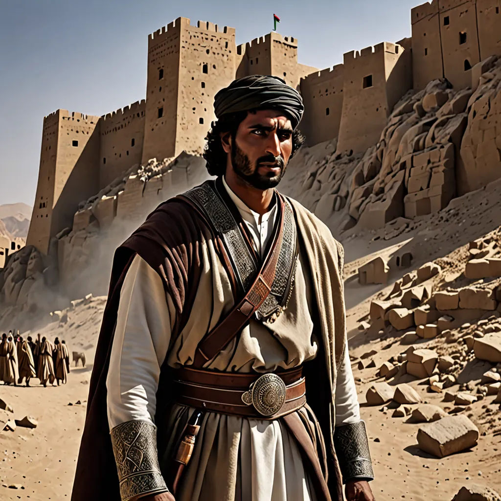 a man in a desert with a castle in the background and a desert landscape in the foreground with a few people walking around, dau-al-set, a detailed matte painting, Altoon Sultan, promotional image