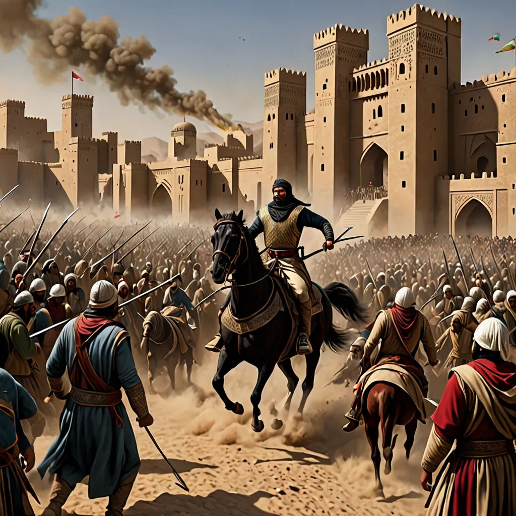a painting of a man on a horse in front of a crowd of people in medieval clothing and armor, unilalianism, a detailed matte painting, Altoon Sultan, detailed illustration