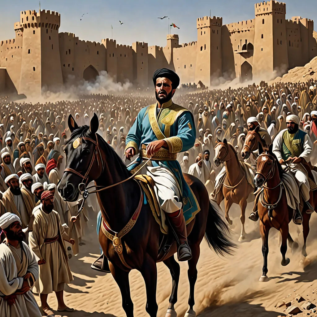a painting of a man riding a horse in front of a crowd of people on a desert plain with a castle in the background, qajar art, a detailed matte painting, Altoon Sultan, detailed illustration