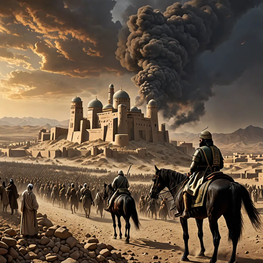a painting of a battle with a lot of people on horses and a castle in the background with smoke coming out of it, fantasy art, a detailed matte painting, Christophe Vacher, cinematic matte painting