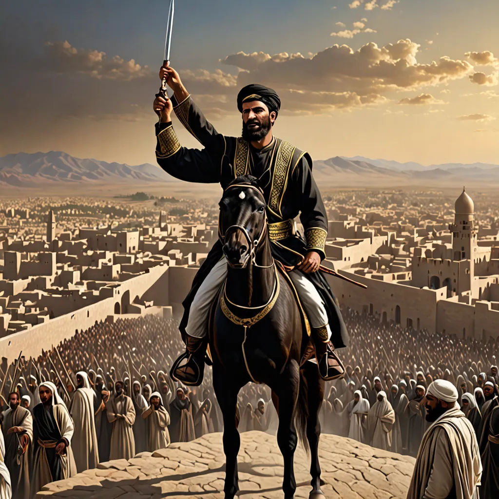 a man riding on the back of a horse in front of a crowd of people in a city with a sky background, dau-al-set, a detailed matte painting, Altoon Sultan, cinematic matte painting