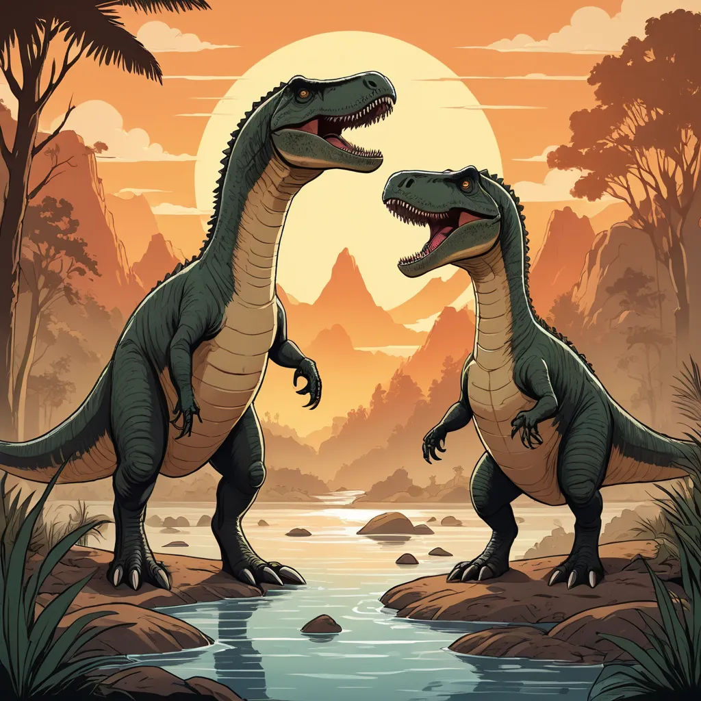 two dinosaurs are standing in front of a river and a sunset with mountains in the background and trees in the foreground, sots art, a storybook illustration, Dan Mumford, rossdraws global illumination
