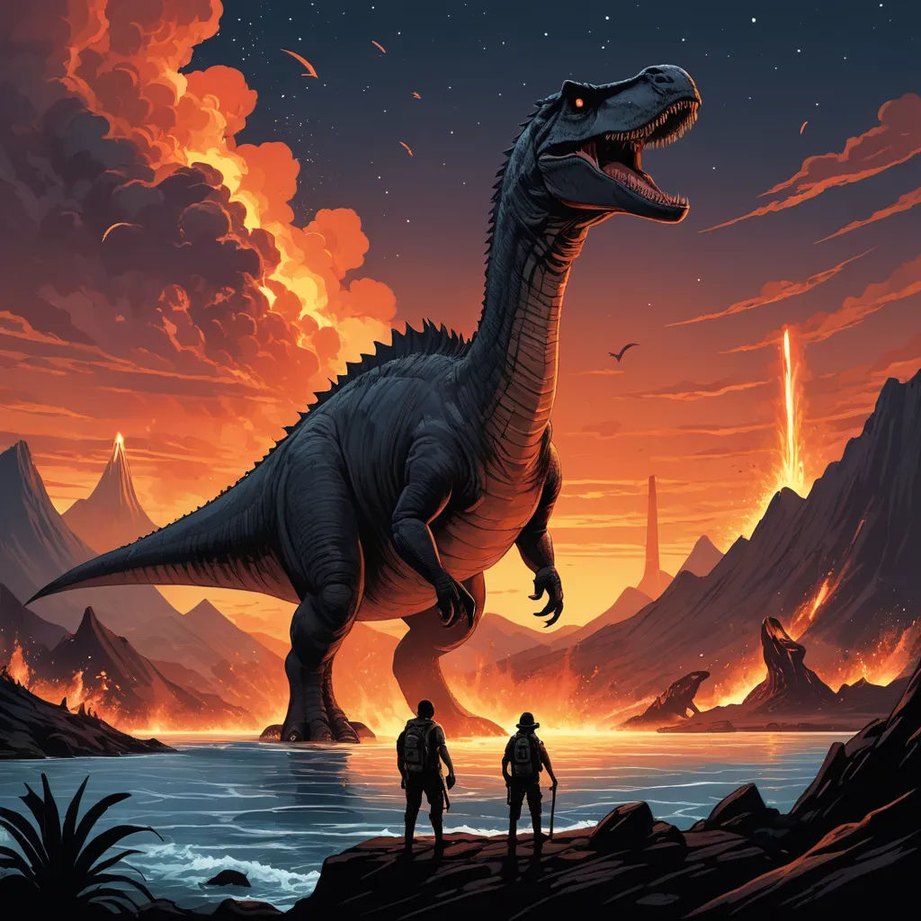 a dinosaur and two people standing in front of a lake at sunset with a mountain in the background and a distant volcano in the distance, sots art, poster art, Dan Mumford, dan mumford. octane render