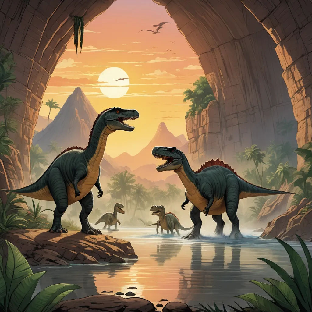 a group of dinosaurs walking through a cave next to a river and a mountain range with a sunset in the background, primitivism, a storybook illustration, Adam Rex, official art