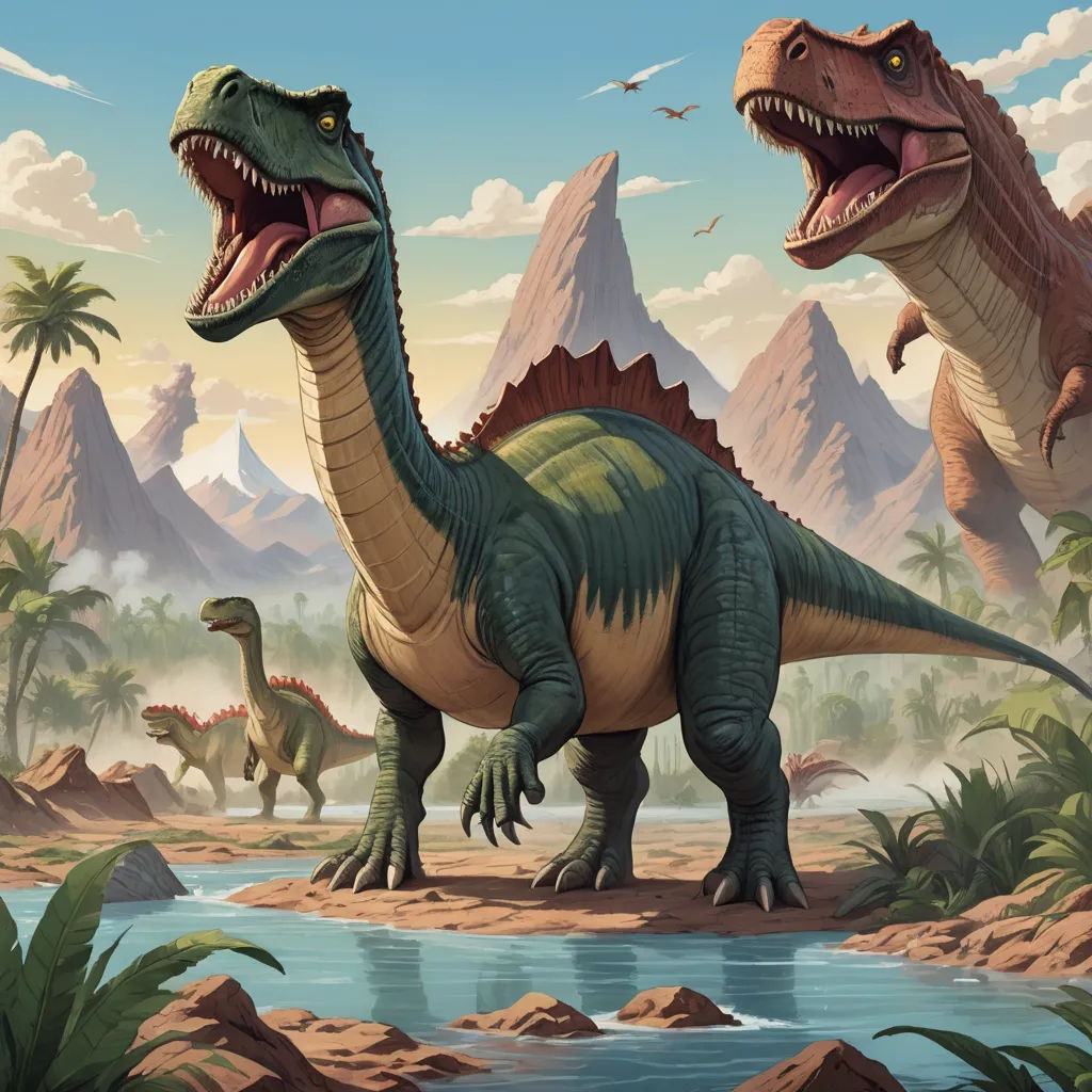 a painting of two dinosaurs in a desert setting with mountains in the background and a river running through the middle, altermodern, concept art, Chris LaBrooy, magic the gathering artwork