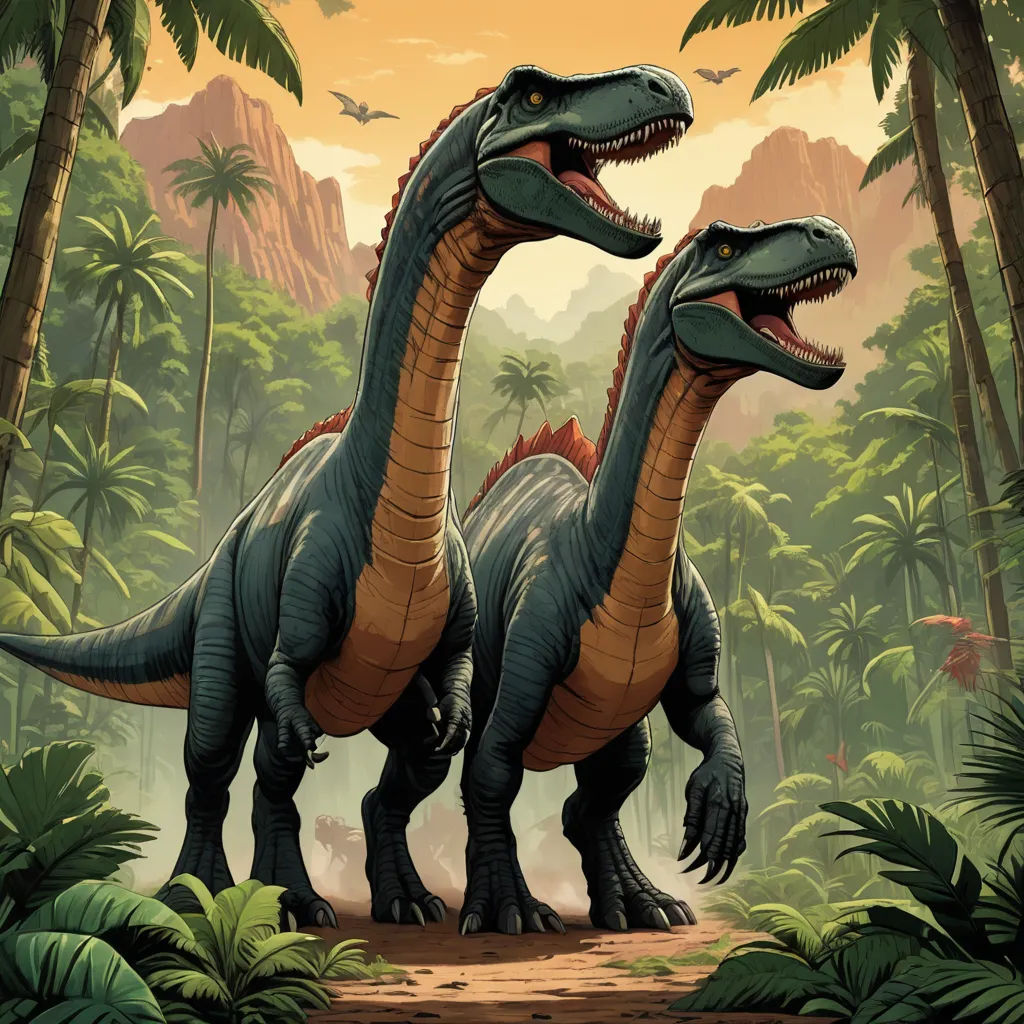 two dinosaurs in a jungle with trees and birds in the background, one is eating the other is eating, sumatraism, concept art, Brothers Hildebrandt, official art