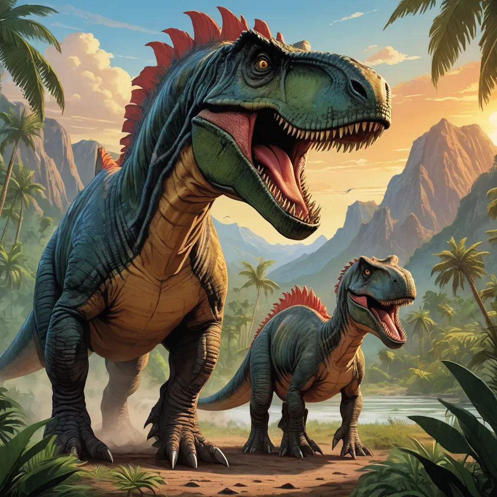 a couple of dinosaurs standing next to each other on a field of grass and trees with mountains in the background, primitivism, concept art, Adam Rex, official art