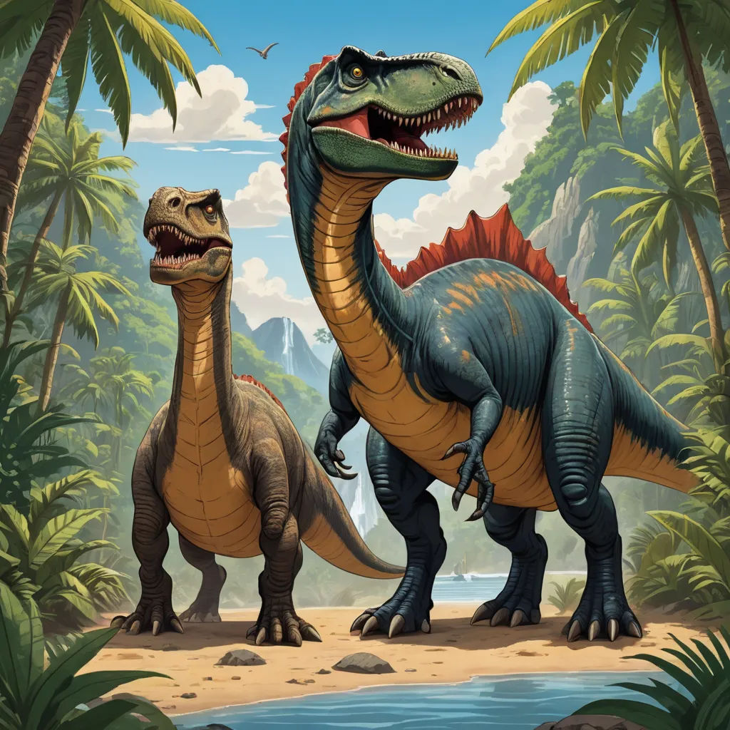 two dinosaurs are standing in the jungle by a river and palm trees, one is eating a plant and the other is eating a bird, sumatraism, an illustration of, Adam Rex, official art