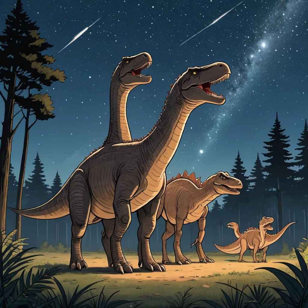 a group of dinosaurs standing in a forest under a night sky with stars and a shooting star above them, space art, a storybook illustration, Adam Rex, official art