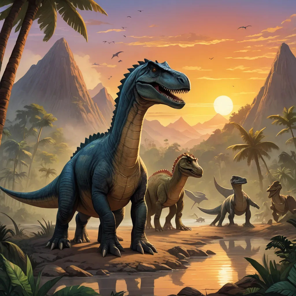 a group of dinosaurs walking through a jungle at sunset or dawn with mountains in the background and a lake in the foreground, primitivism, concept art, Adam Rex, official art