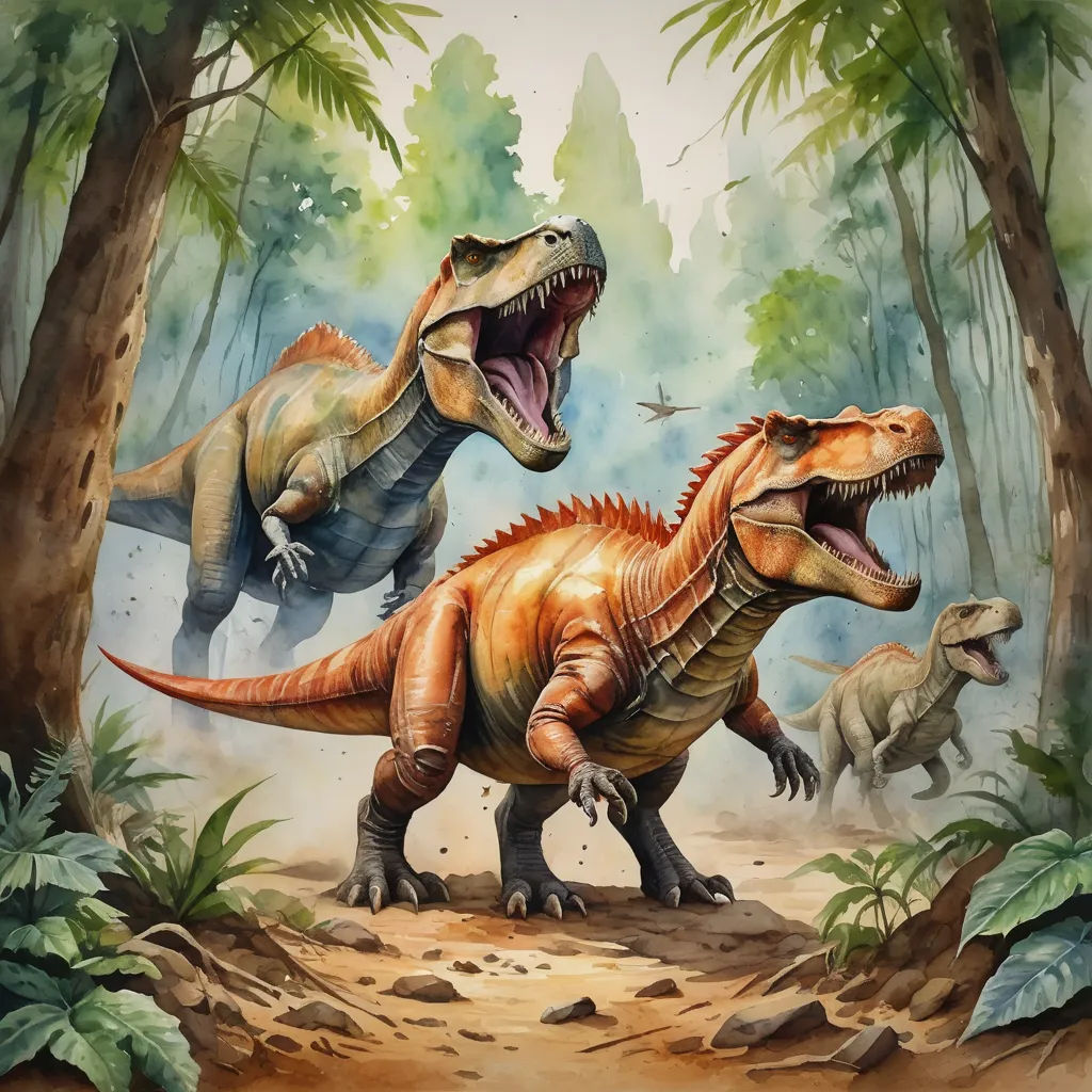 two dinosaurs in the woods with trees and plants around them, one is eating the other one is eating, primitivism, an illustration of, Adam Rex, official art