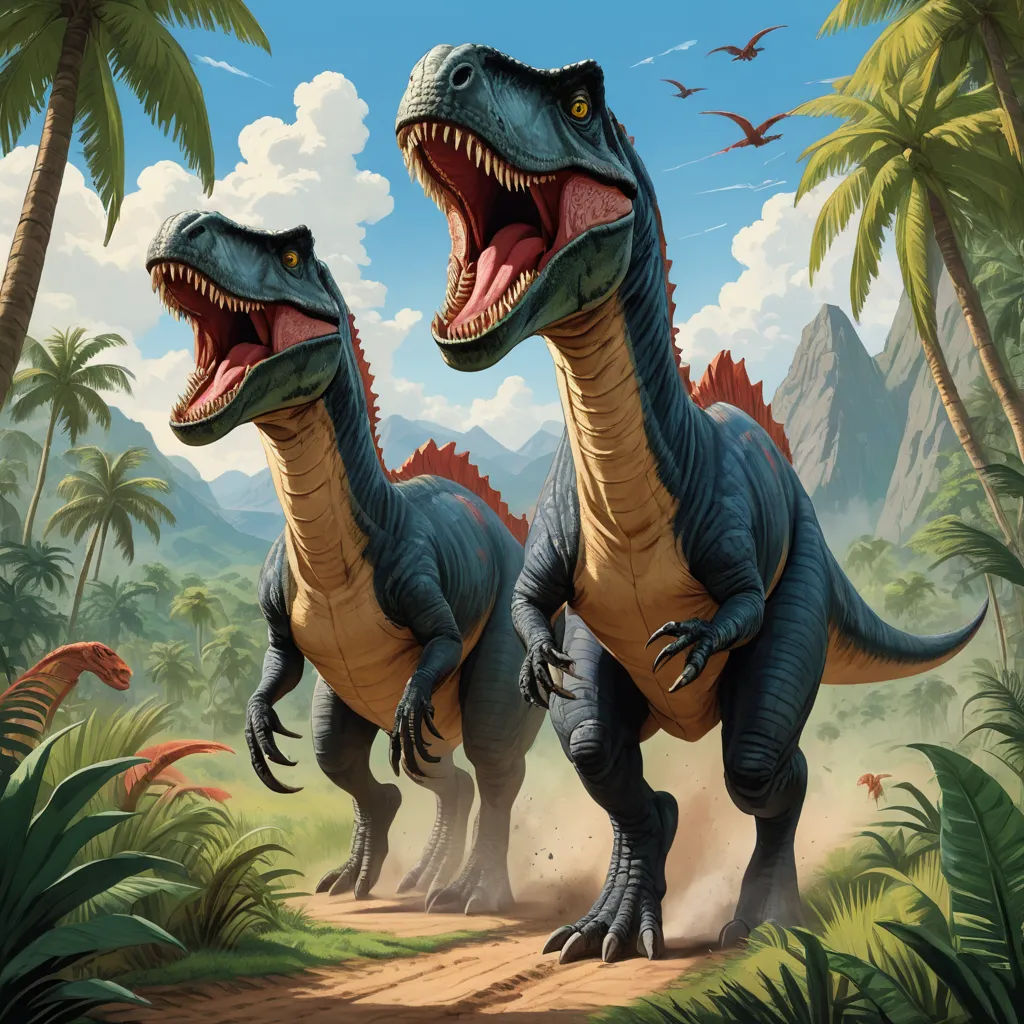 two dinosaurs are walking through a jungle with palm trees and mountains in the background, with a bird flying overhead, altermodern, concept art, Adam Rex, magic the gathering artwork