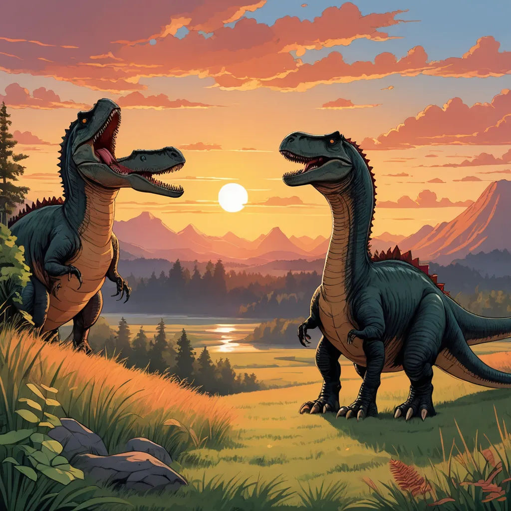 two dinosaurs are standing in a field with a sunset in the background and mountains in the background, with a lake and trees in the foreground, lyco art, a storybook illustration, Brothers Hildebrandt, official art