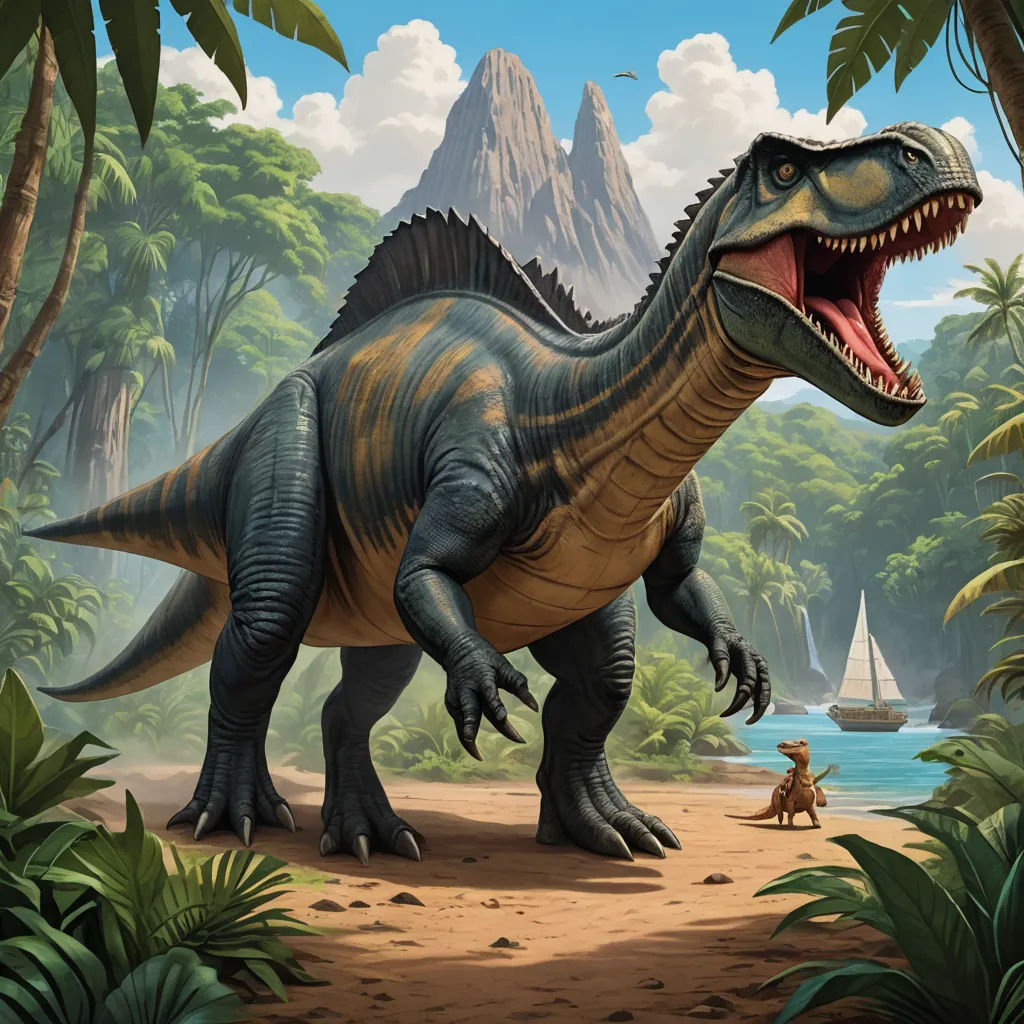 a dinosaur with its mouth open in a jungle setting with a man in a boat in the water and a mountain in the background, altermodern, concept art, Adam Rex, magic the gathering artwork