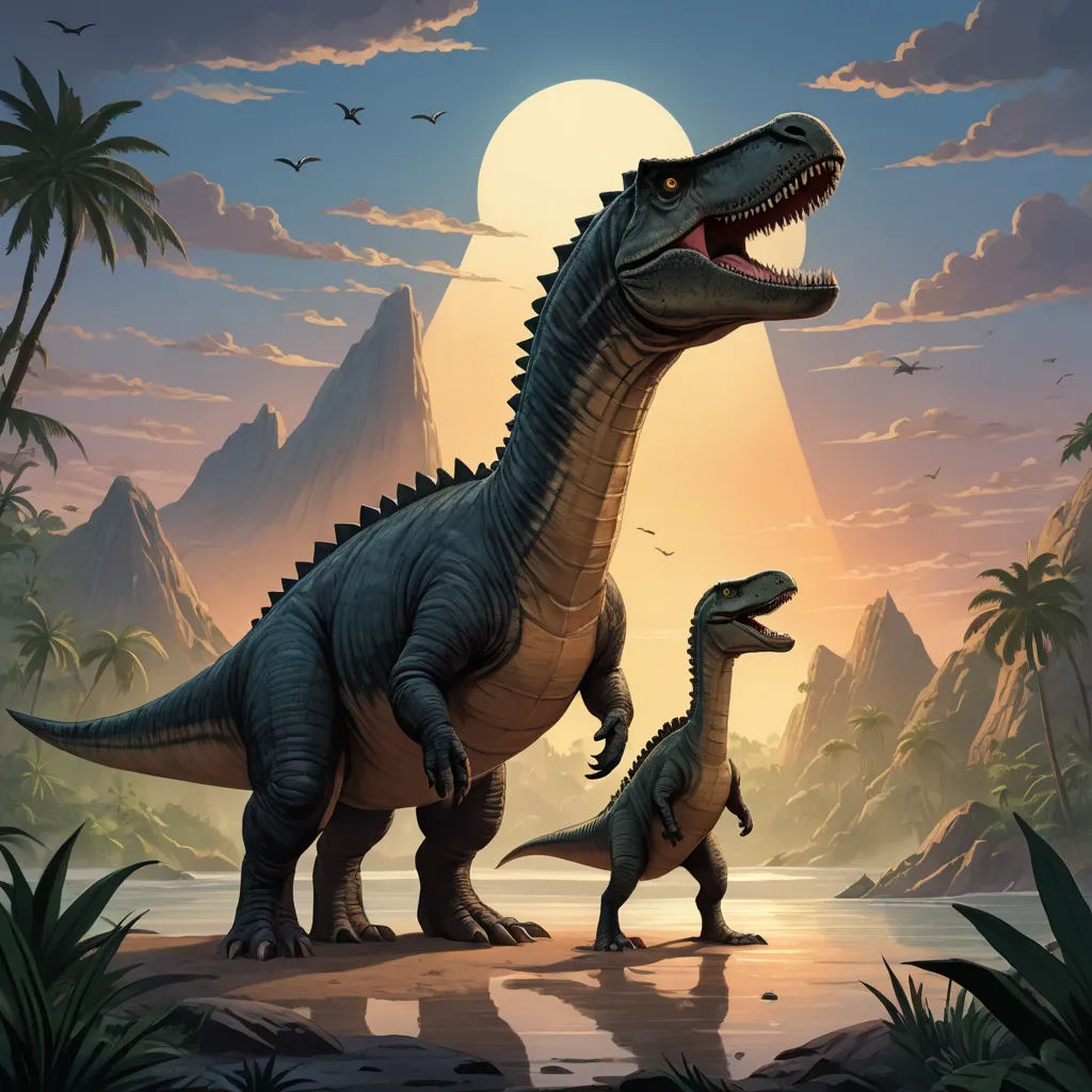 two dinosaurs are standing in the water near a mountain range with a full moon in the background and birds flying overhead, altermodern, concept art, Adam Rex, official art