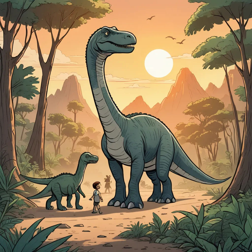 a dinosaur and a boy in a forest with a sunset in the background and mountains in the background, with trees and bushes, lyco art, a storybook illustration, Adam Rex, rossdraws global illumination
