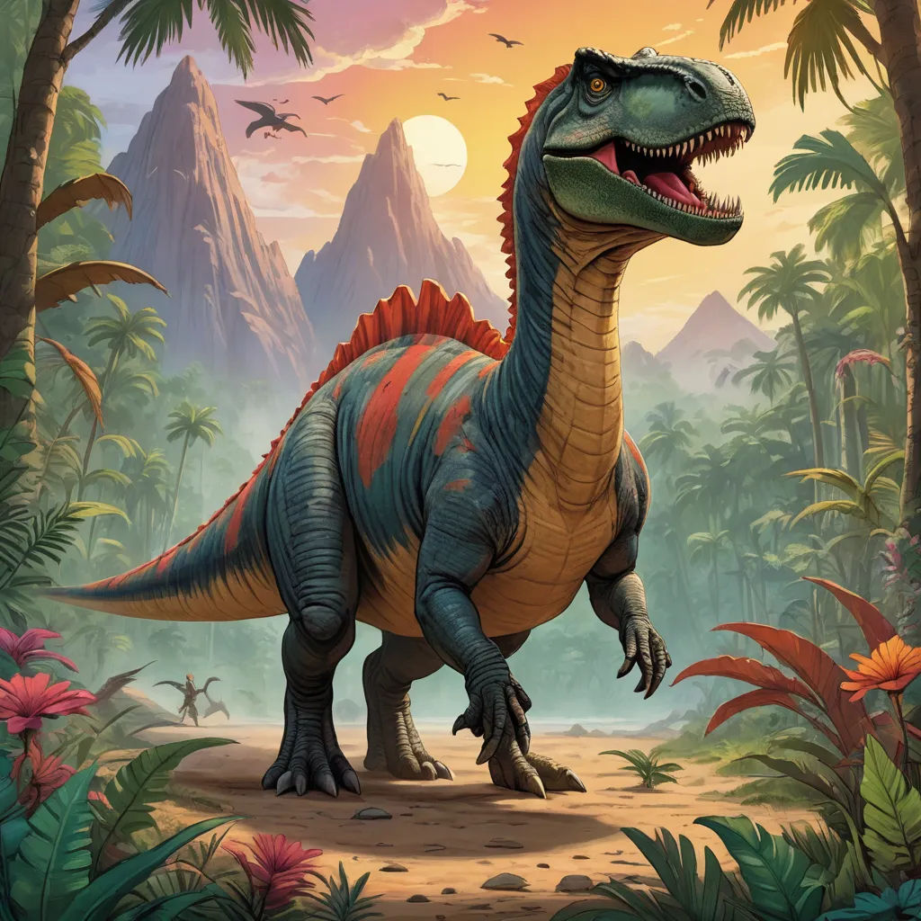a dinosaur in a jungle with a mountain background and birds flying overhead in the background, and a full moon in the sky, altermodern, concept art, Adam Rex, official art