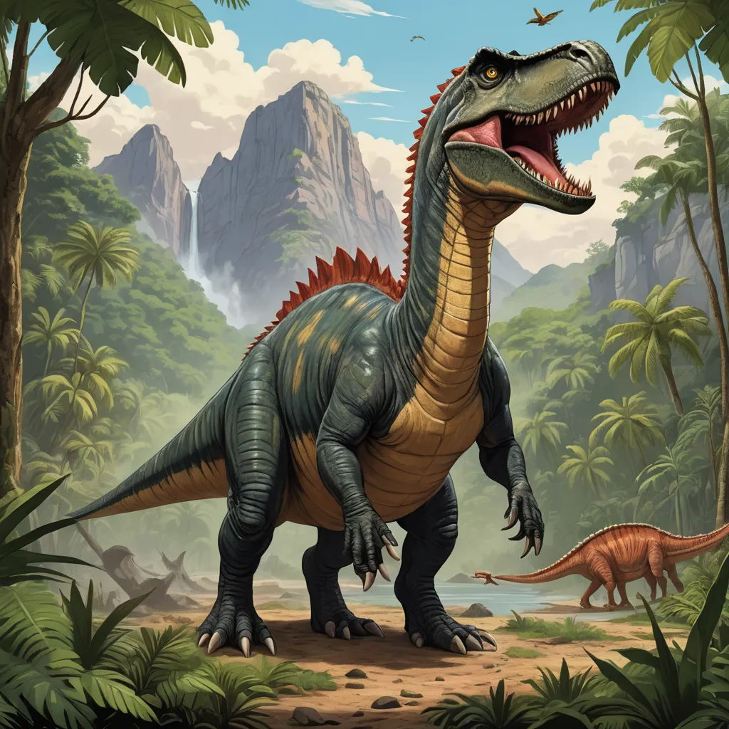 a dinosaur in a jungle with mountains in the background and trees and bushes around it, with a bird on its head, primitivism, an illustration of, Adam Rex, official art