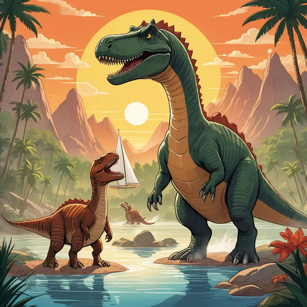 a dinosaur and a t - shirt - necked dinosaur in a tropical setting with a sailboat in the water, sots art, a storybook illustration, Adam Rex, rossdraws global illumination