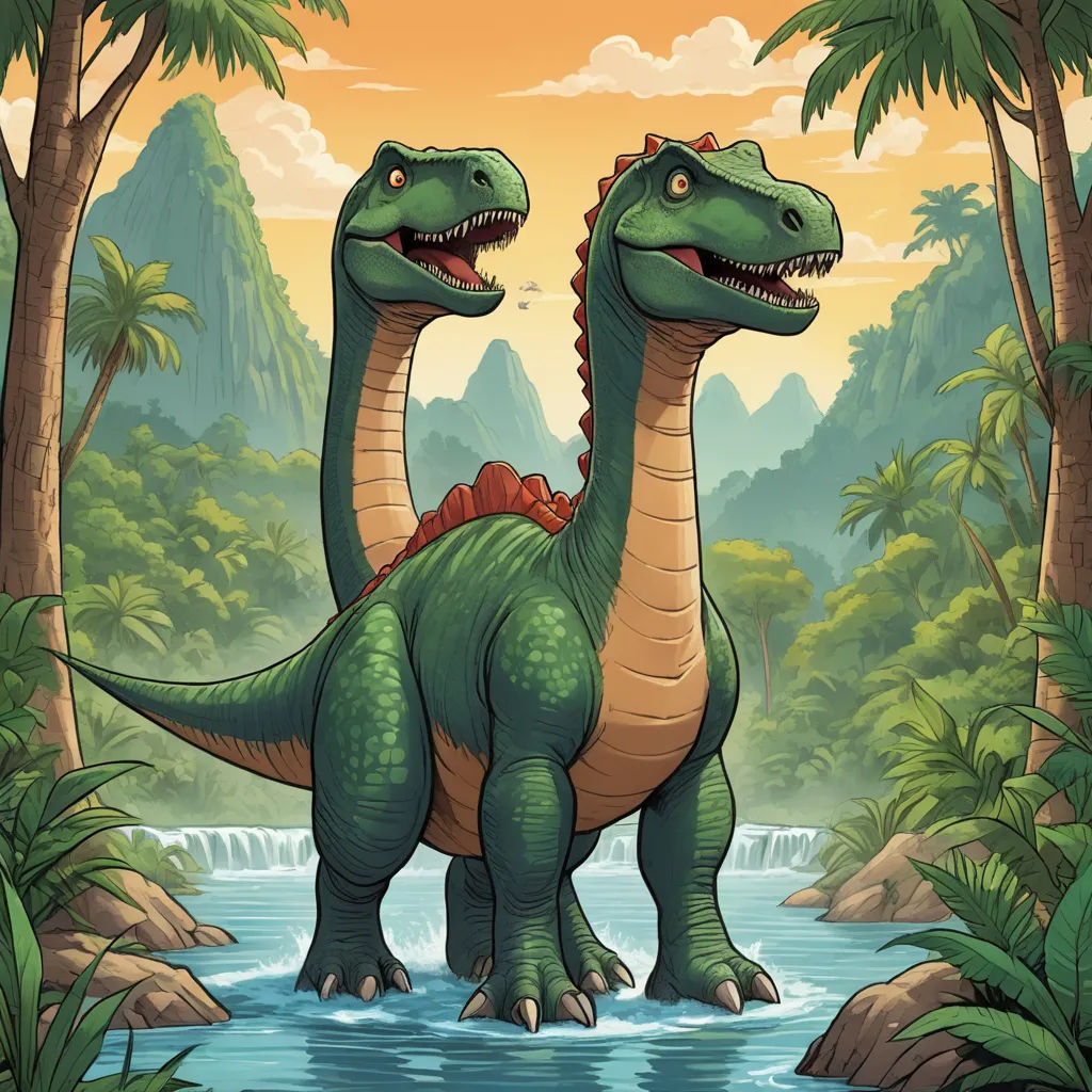 a cartoon dinosaur with a waterfall in the background and trees and rocks in the foreground, and a waterfall in the background, sumatraism, a storybook illustration, Adam Rex, official art