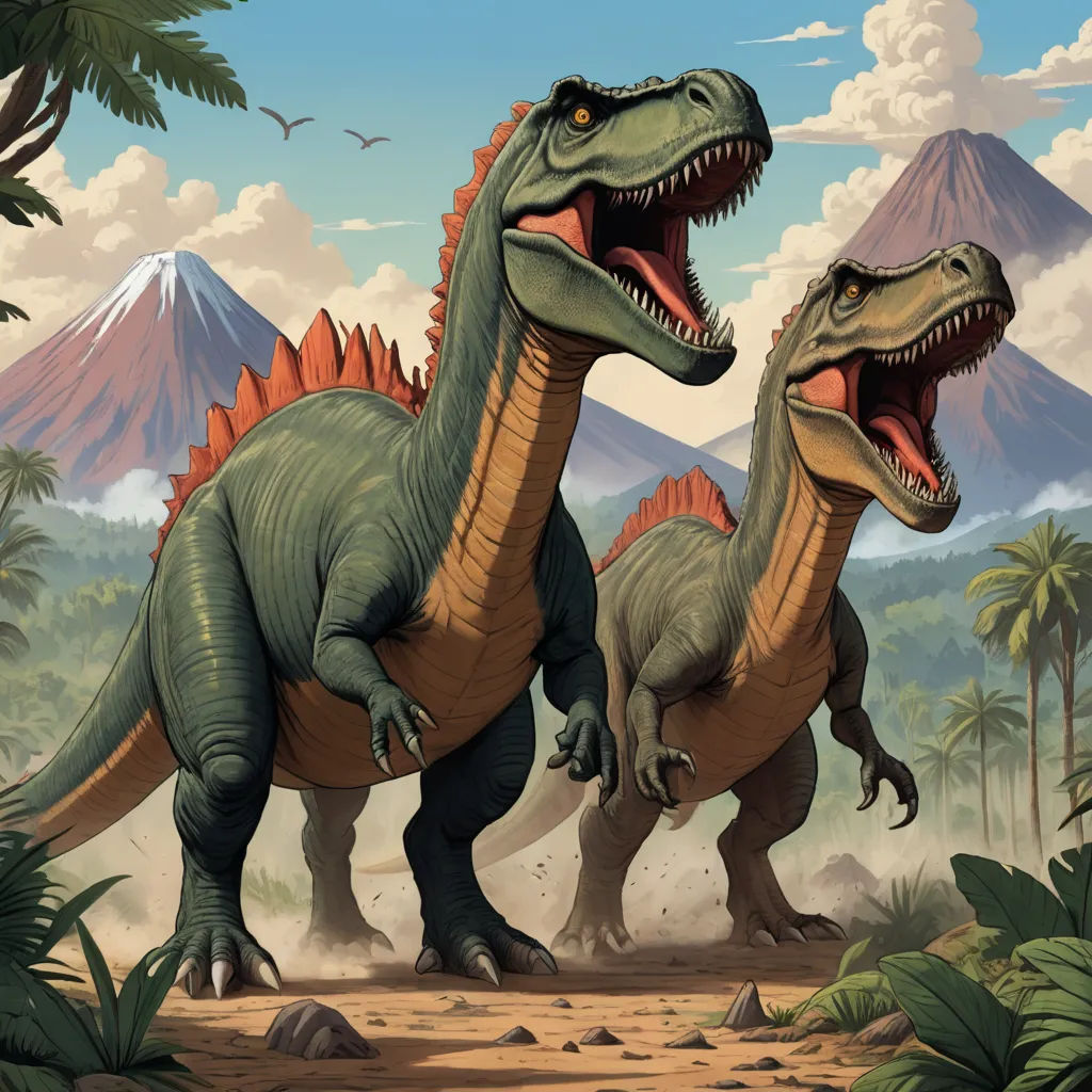 two dinosaurs are walking in the dirt near a mountain range with trees and mountains in the background, with a bird flying above, primitivism, an illustration of, Adam Rex, official art