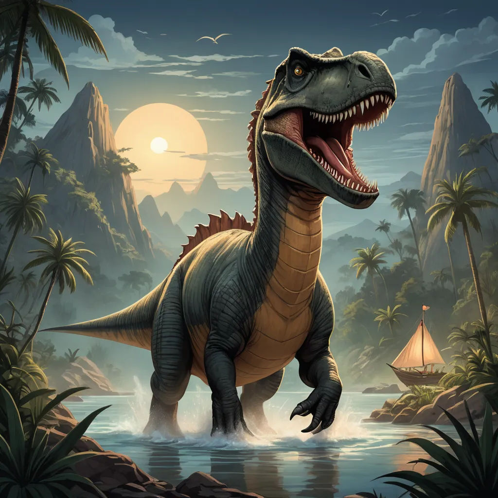 a dinosaur is standing in the water near a mountain range and a boat is in the water behind it, sots art, concept art, Adam Rex, rossdraws global illumination