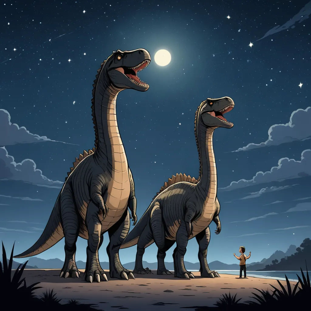 two dinosaurs standing in the desert at night with a man standing next to them looking at the stars in the sky, space art, a storybook illustration, Adam Rex, rossdraws global illumination