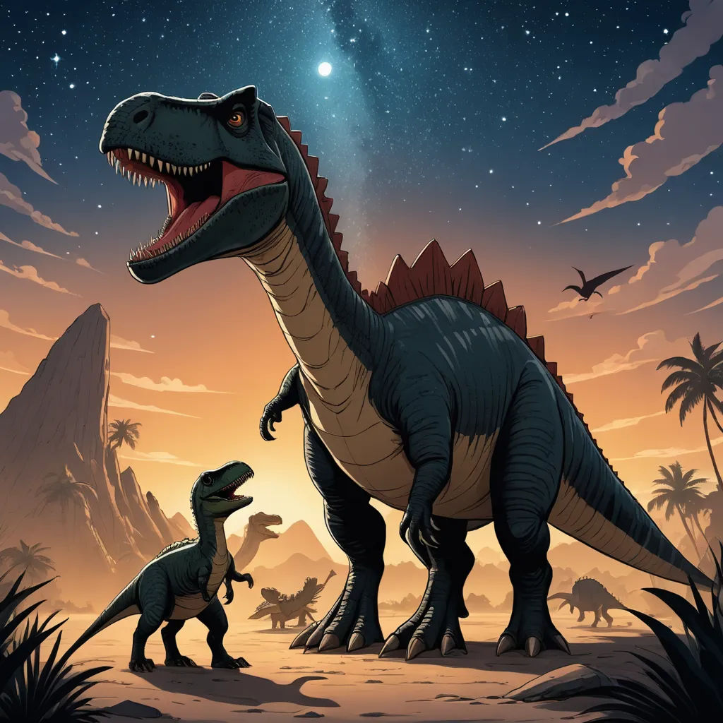 a dinosaur and a t - shirt - necked dinosaur in a desert scene with a star filled sky, sots art, poster art, Adam Rex, rossdraws global illumination