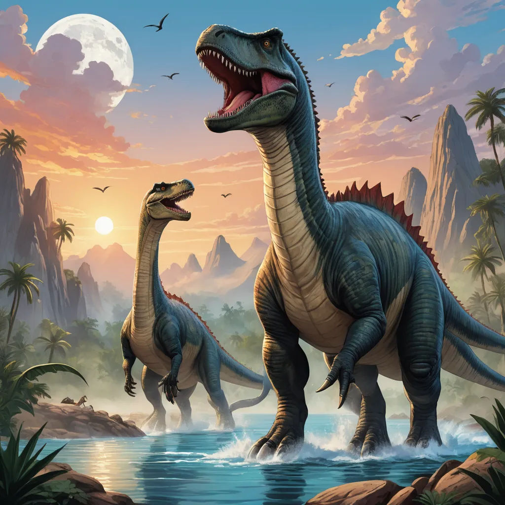 two dinosaurs are in the water near a mountain range at sunset with a full moon in the background and a bird flying over them, altermodern, concept art, Adam Rex, official art