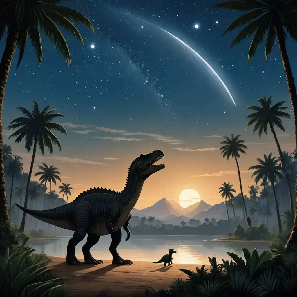 a dinosaur and a dinosaur in a tropical setting with a star in the sky above it and a dinosaur in the foreground, space art, a storybook illustration, Chris LaBrooy, promotional image