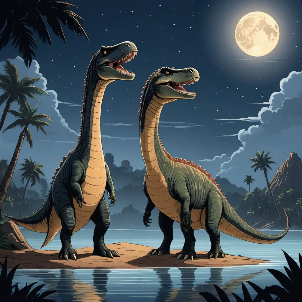 two dinosaurs standing on a beach at night with a full moon in the background and palm trees in the foreground, lyco art, a storybook illustration, Adam Rex, detailed illustration